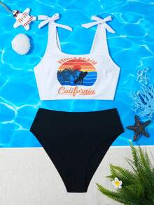 2pcs Women's Fashion Surfing Graphic Print Bowknot Strap Bikini Swimsuit Set - White - View 1