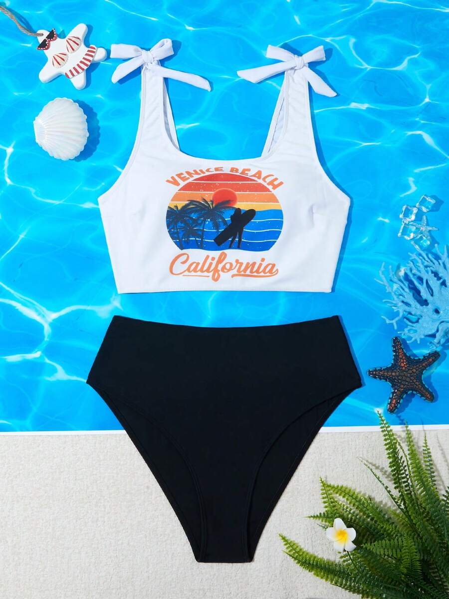 2pcs Women's Fashion Surfing Graphic Print Bowknot Strap Bikini Swimsuit Set - White - View 1