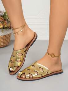 Sandalias de verano para mujer de talla grande, diseño minimalista de moda, cómodas, de punta cerrada, de malla, huecas, transpirables, antideslizantes, ligeras, para la playa y uso al aire libre, en negro y marrón - Dorado - Ver 4