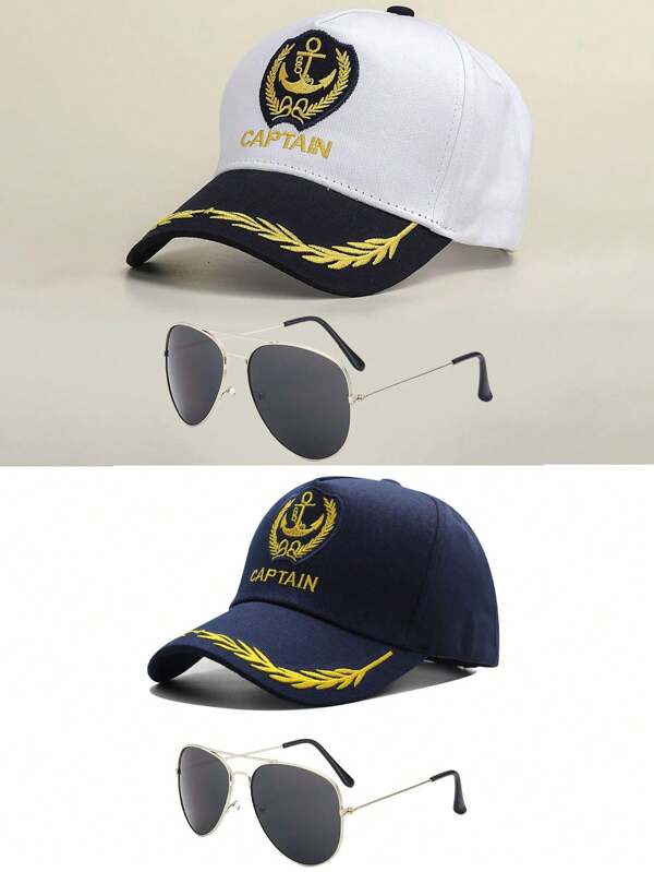 2pcs/Set Captain Baseball Cap, Party Costume Baseball Cap (Glasses + Baseball Cap) Unisex Baseball Hat, Summer Beach Hat, Adjustable