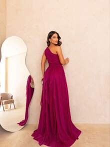 One-Shoulder Layered Bridesmaid Prom Dress - Màu đỏ tía có độ bóng - Xem 4