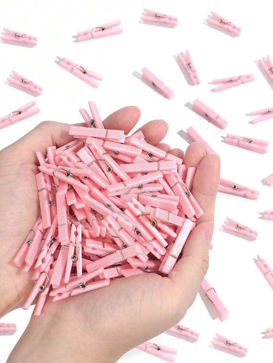 100pcs - 3.5cm Mini Size - Baby Shower Clothespins Pink Mini Clothespins 1.4 Inch (Approx 3.6cm) For Party Decorations, Gender Reveal Parties, Photo Clips (Pink)