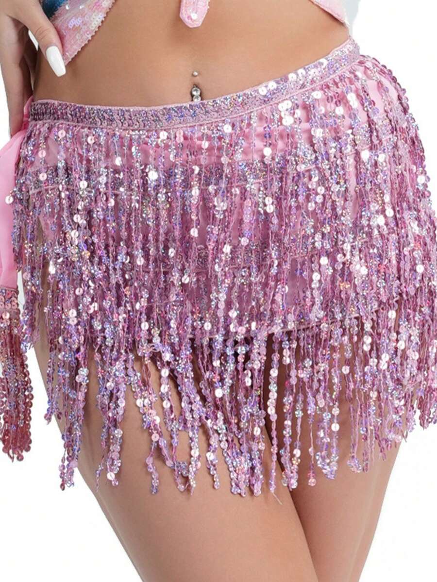 性感女士肚皮舞臀巾裹腰带亮片流苏臀巾裹裙吊带连衣裙流苏裙套装