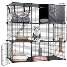 BreeRainz Jaulas para gatos de interior, recinto de 3 niveles para armar uno mismo con hamaca grande, caseta de alambre de metal para mascotas, caja de arena, cama, rascadores, cuenco y escaleras para 1 o 2 gatos. - Negro - Ver 1