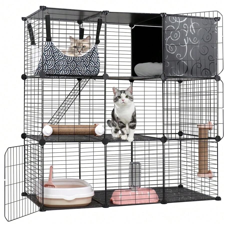 BreeRainz Jaulas para gatos de interior, recinto de 3 niveles para armar uno mismo con hamaca grande, caseta de alambre de metal para mascotas, caja de arena, cama, rascadores, cuenco y escaleras para 1 o 2 gatos. - Negro - Ver 1
