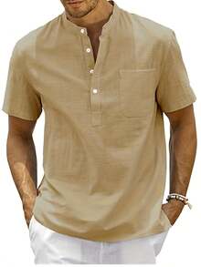 大码男士纯色领短袖口袋拼布衬衫 - 卡其色 - 查看 2