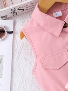 Váy lưới cổ bẻ không tay màu trơn cho bé gái kèm thắt lưng - Hồng - Xem 5