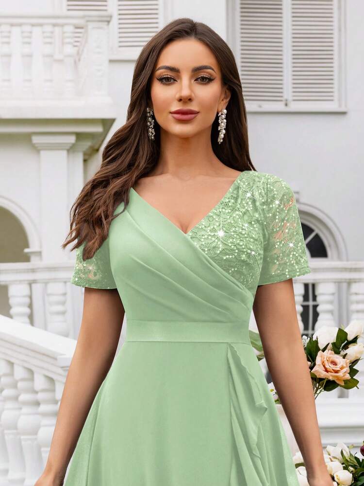 MIUSOL V-Neck Sequin Lace Contrast Color Chiffon Ruffle Hem Elegant Ball Gown Skirt, Suitable For Wedding Guest, Formal Dinner And Other Occasions - Mint Green - View 7