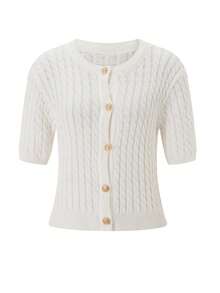 Women's Cable Knit Cardigan Solid Color Round Neck Short Sleeve Button-Front Closure Crop Sweaters - White - View 2