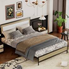 Full Size Rattan Bed Frame Metal Platform Bed With Headboard No Box Spring Needed Beige