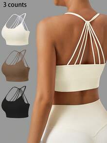 3pcs Women Seamless Ribbed Yoga Fitness Bras With Criss-Cross Straps And Stylish Open Back Design - Multicolor - View 1