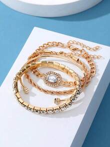 4件套女士个性朋克风扭链手链套装，镶钻手链，波西米亚风手镯，情人节配饰