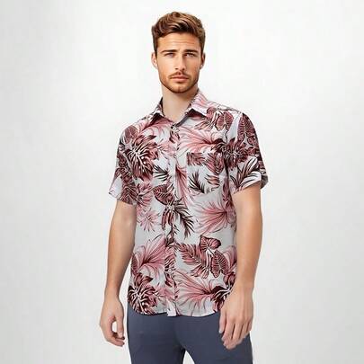 Camisa informal con solapa y estampado de flores hawaianas finas para jóvenes