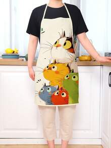 1 pieza Delantal con estampado de gato de dibujos animados, apto para restaurante, cocina, fiesta, boda, hecho de tela de durazno, para cocina, baño, hogar, artículos del hogar