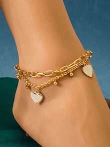 1pc Vintage Double-Layer Heart Shaped Chain Bracelet, Fashion Hip-Hop Style Beaded Chain Bracelet/Anklet, Gift For Friends, Valentine's Day Gift