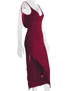 Women's Side Slit V-Neck Sexy Stylish Party Dress - 酒紅色 - 查看 4