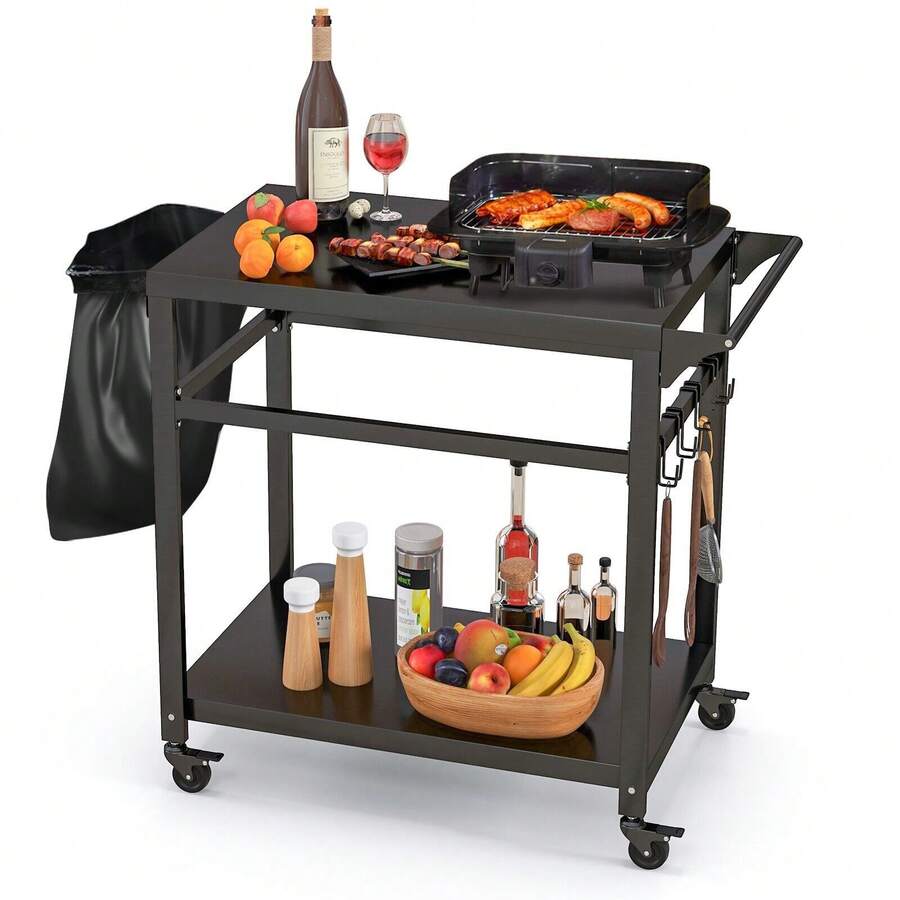 Portable Dining Cart BBQ Trolley Grill Cart Food Prep Worktable With Lockable Wheels - 黑色 - 查看 1