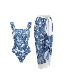 Bohemian Style Floral Print Ruffled Hem Swimsuit With Coverup And Skirt, Summer Beach Vacation Set - Blue - View 3