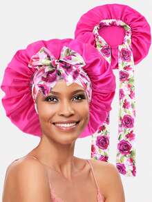 1pc Women Elastic Printed Ribbon Satin Hair Bonnet, 36cm Diameter, Head Wrap Cap Suitable For Daily Use - Multicolor - View 9