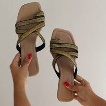 Black Gold Shiny Flat Sandal - Gold - View 4