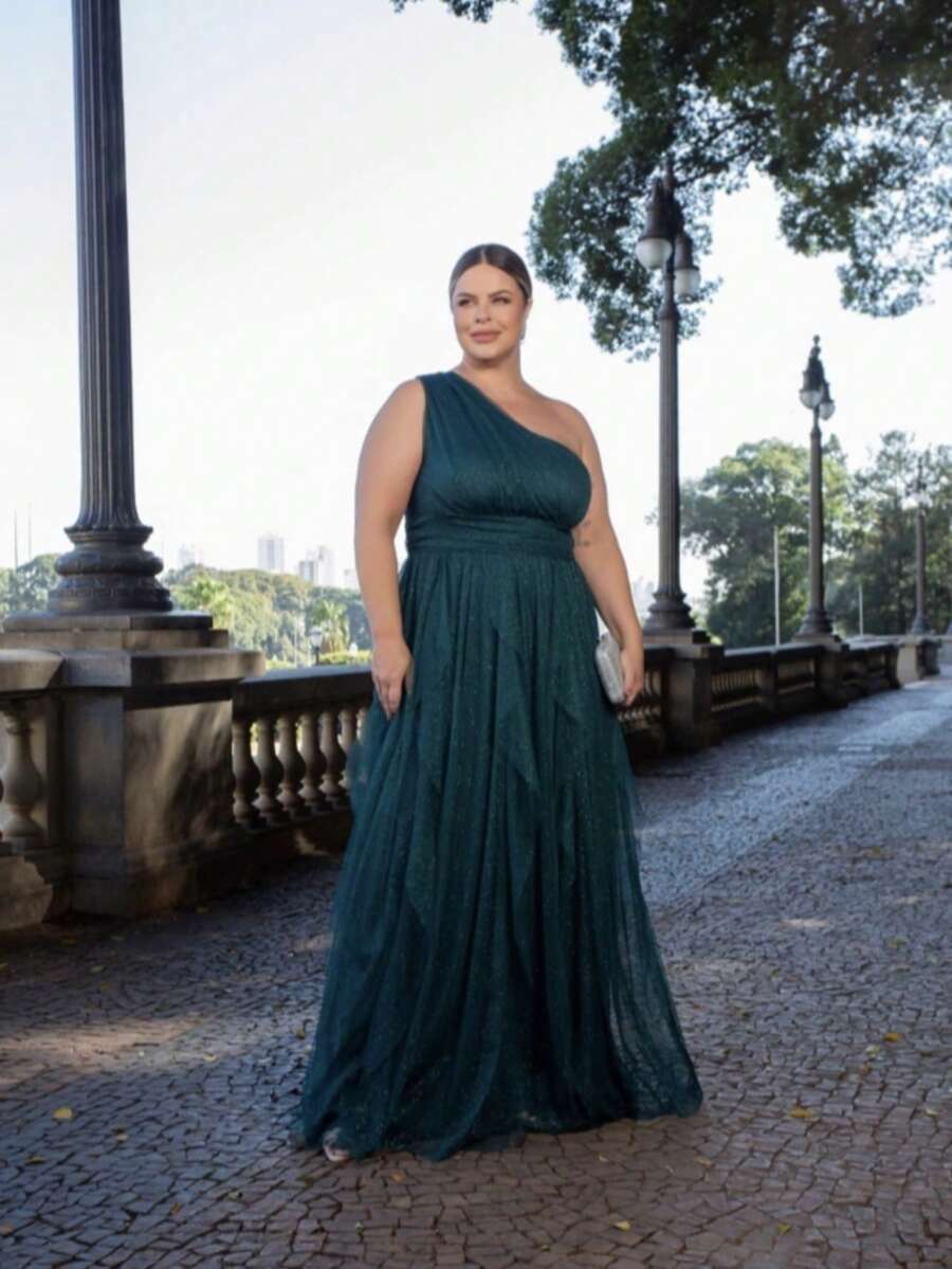 One-Shoulder Layered Bridesmaid Prom Dress - 亮綠色 - 查看 1