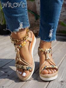 WRCVS 米色女士坡跟凉鞋，编织带，夏季厚底绳底手工串珠编织鞋，轻便厚底度假波西米亚风格高跟户外凉鞋