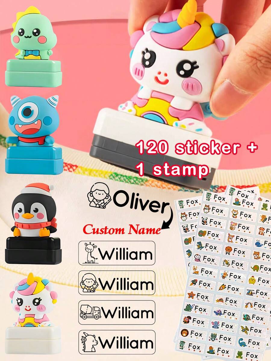 100 piezas de etiquetas personalizables con nombre para niños y 1 pieza de sello personalizado con nombre para niños, resistente al agua para ropa. Este sello con nombre está diseñado especialmente para la personalización de ropa, sirviendo como un sello de firma manuscrita y un sello de ropa personalizado. Adecuado para sellos de nombre de dibujos animados autoluminosos DIY, se puede usar para fines comerciales o regalos de papelería para estudiantes, también es un gran regalo para la temporada de regreso a la escuela. - Multicolor - Ver 1