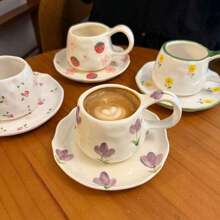 1 pieza Juego de taza de café y platillo de cerámica vintage hecho a mano, taza y plato con pintura a mano estilo coreano Ins, adecuado para mug de latte y plato de postre, excelente para San Valentín, Día de la Madre, regalo conmemorativo de pareja, regalo de graduación de vuelta a la escuela