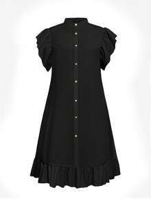 Plus Size Women Ruffle Hem Button Pocket Casual Shift Dress Black Elegant - Black - View 3