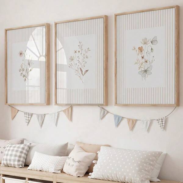 Juego de 3 carteles de lienzo de arte de pared floral botánico de estilo boho sin marco, impresión vintage minimalista de flores silvestres beige para la decoración del cuarto de los niños, decoración del hogar moderna