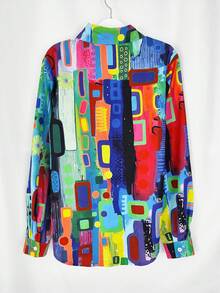 Geometric Print Minimalist Style Button Front Long Sleeve Shirt, Casual