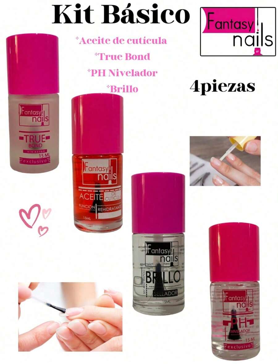 KIT 4 BASICOS FANTASY NAILS ACEITE DE CUTICULA + PH NIVELADOR FANTASY NAILS + TRUE BOND (PRIMER) + BRILLO SELLADOR - Rosa Oxidada - Ver 1