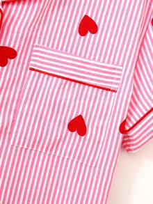 2 Pieces Women Red Striped Heart Print Pajama Set, Short Sleeve Button-Up Shirt With Collar And Bowknot Shorts, Casual Sleepwear For Spring/Summer - Red - View 4