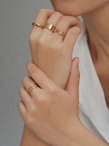 4件套不锈钢开口戒指套装，女士款，简约时尚，适合派对或作为圣诞节冬季礼物。 - 金色 - 查看 3