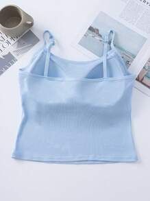 3 piezas Mujeres Camisola de unicolor acanalado con busto acolchado, top de tank casual y sexy crop