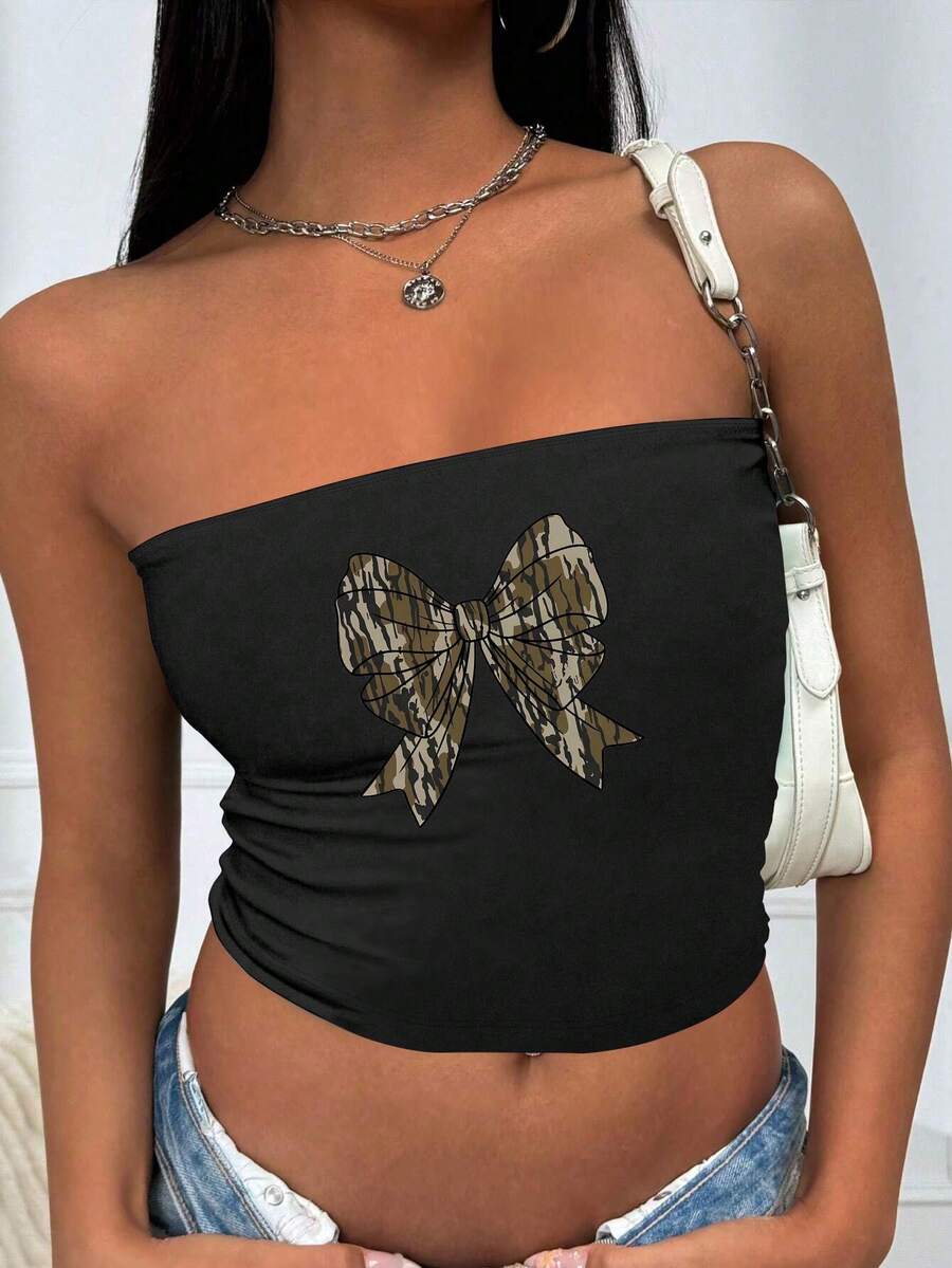 蝴蝶结女士纯色简约修身时尚抹胸日常休闲夏季衬衫休闲女装夏季T恤