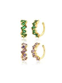 1PC S925 Sterling Silver Earless Hole Ear Clip For Girls, Exquisite Jewelry, C-Shaped Earrings, Emerald Zirconia, White Zirconia, Purple Zirconia Ear Clip For Girls, Party Wear The Best Gift For Girlfriend, Mother, Sisters