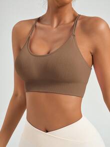 3pcs Women Seamless Ribbed Yoga Fitness Bras With Criss-Cross Straps And Stylish Open Back Design - Multicolor - View 7