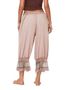 Womens Cropped Pants Loose Mid Rise Patchwork Lace Lantern Trousers Casual Streetwear - 香檳色 - 查看 6