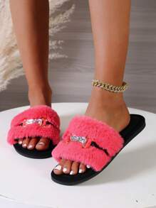 Women's Luxury Metal Lock Gem Decor Non-Slip Rubber Bottom Slippers, Casual Fashion Summer Red Fluffy Fur Slide Slippers