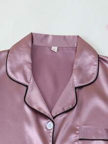 [Elegant Fields]3pcs Set Satin Pajamas For Women, Including Solid Color Shirt With Lapel Collar, Short Sleeve Button Down, And Short/Long Pants, Suitable For Home Wear, Spring & Summer - Lilac Purple - View 3