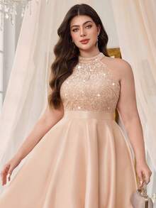 加露背亮片蕾丝拼接撞色缎面高低 A 字下摆晚会礼服、毕业礼服、优雅舞会半正式婚礼宾客礼服，适合生日、返校节 - 香檳色 - 查看 11