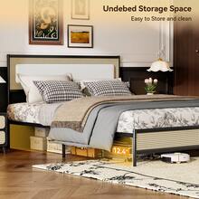 Full Size Rattan Bed Frame Metal Platform Bed With Headboard No Box Spring Needed Beige