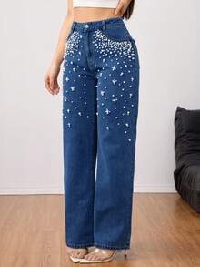 Elegant Heavy Pearl Embellished Washed Straight Leg Jeans – Luxurious & Stylish Women's Denim Pants - Rửa tối - Xem 3