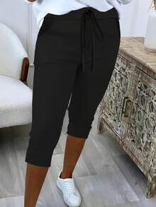 HUTENER Pantalones casuales versátiles de unicolor talla grande largo 3/4 - Negro - Ver 2