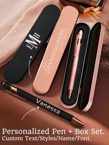 Personalized Luxurious Soft Touch Rose Gold/Black Pen Box Set. Customizable Metal Ballpoint Pen With Box Set With Stylus, Smooth Writing Metal Ballpoint Pen With Engraved Text, Suitable For Mother's Day, Birthday, Teacher's Day, Christmas, Halloween Gifts,New Job, Office Supplies - Multicolor - View 2
