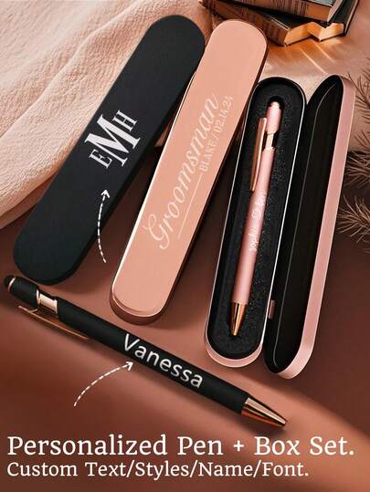 Estuche de lujo personalizado con tacto suave en color oro rosa/negro. Juego de bolígrafos de metal personalizables con punta táctil, bolígrafo de metal de escritura suave con texto grabado, adecuado para regalos del Día de la Madre, cumpleaños, Día del Maestro, Navidad, Halloween, nuevo trabajo, suministros de oficina