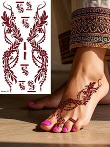 4pcs Sensual Hand Flower Design Tattoos In Brown, Red, Chestnut Colors For Finger, Nail, Body Art, Suitable For Wedding, Party