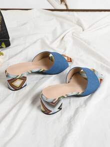 New Women's Light Blue High Heel Sandals, Simple Thick Heel Open Toe Slides - Baby Blue - View 4
