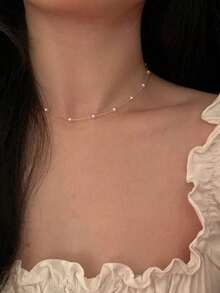 1pc Minimalist Faux Pearl Chain Necklace - Yellow Gold - View 3